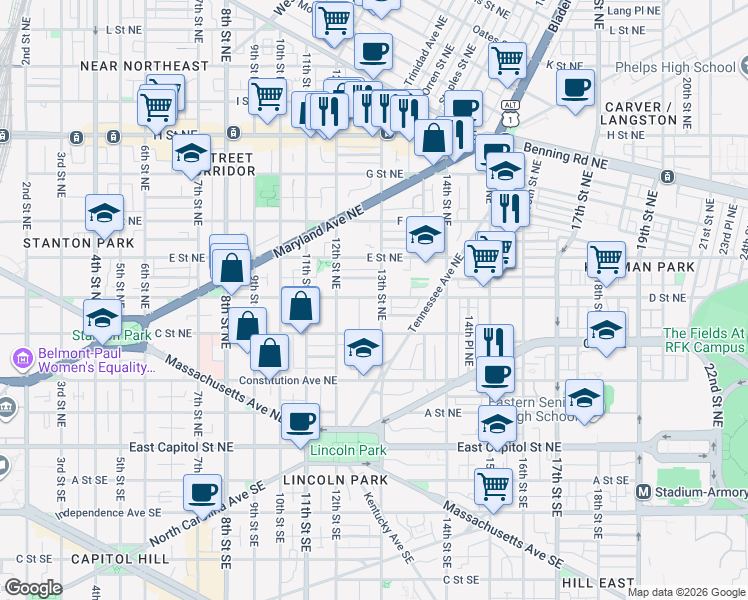 map of restaurants, bars, coffee shops, grocery stores, and more near 1245 D Street Northeast in Washington