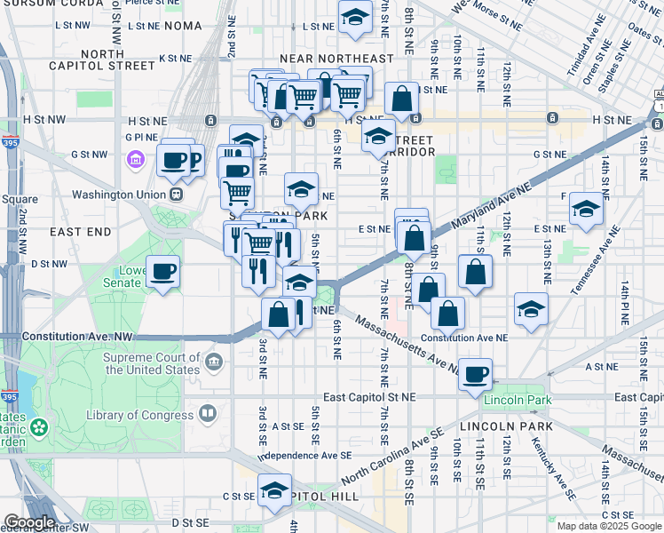 map of restaurants, bars, coffee shops, grocery stores, and more near 101 Independence Avenue Southeast in Washington