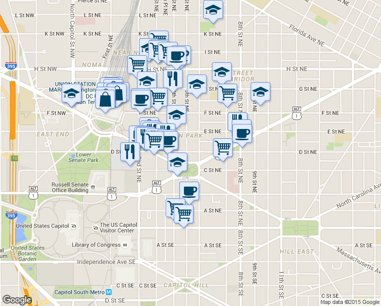 map of restaurants, bars, coffee shops, grocery stores, and more near 101 Independence Avenue Southeast in Washington