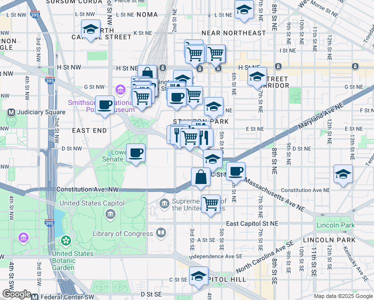 map of restaurants, bars, coffee shops, grocery stores, and more near 101 Independence Avenue Southeast in Washington