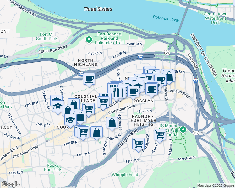 map of restaurants, bars, coffee shops, grocery stores, and more near 101 Independence Avenue Southeast in Washington