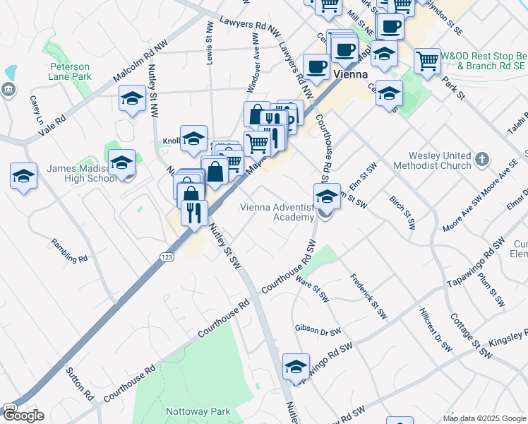 map of restaurants, bars, coffee shops, grocery stores, and more near 134 Wade Hampton Drive Southwest in Vienna
