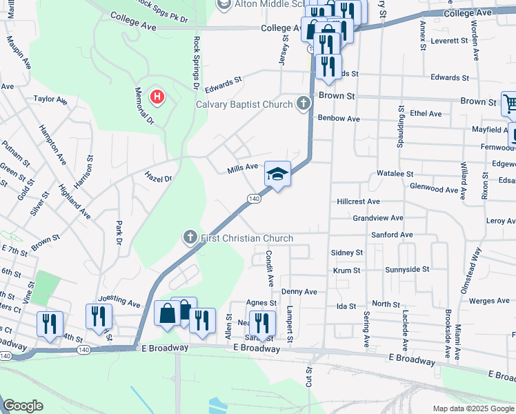 map of restaurants, bars, coffee shops, grocery stores, and more near 933 Washington Avenue in Alton