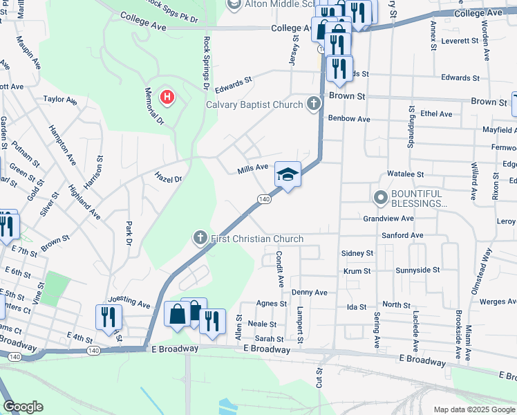 map of restaurants, bars, coffee shops, grocery stores, and more near 933 Washington Avenue in Alton