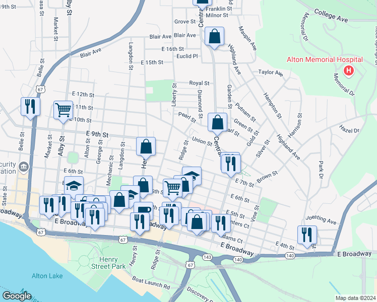 map of restaurants, bars, coffee shops, grocery stores, and more near 800 Ridge Street in Alton