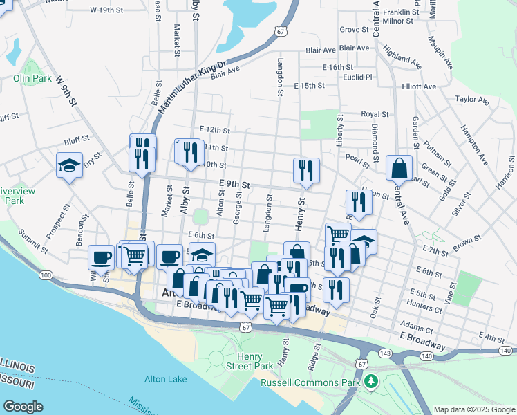 map of restaurants, bars, coffee shops, grocery stores, and more near 802 Langdon Street in Alton
