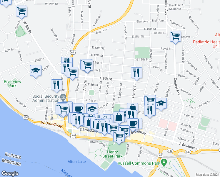 map of restaurants, bars, coffee shops, grocery stores, and more near 408 East 8th Street in Alton
