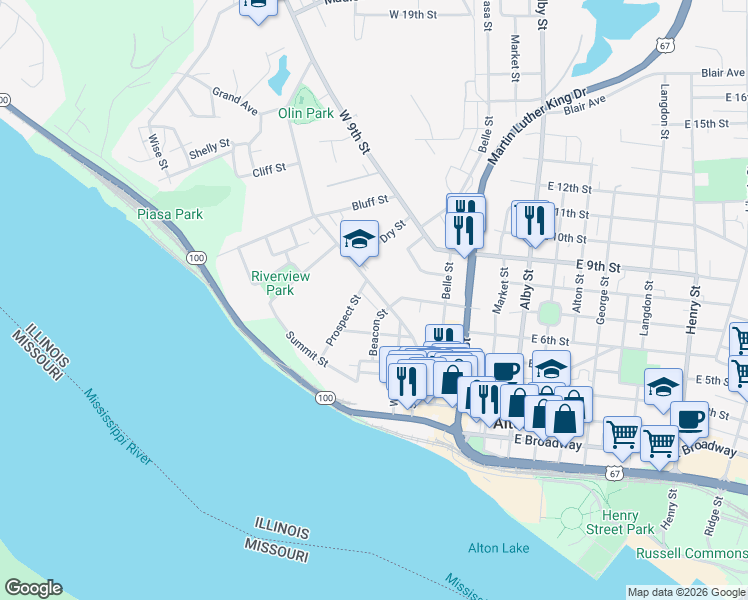 map of restaurants, bars, coffee shops, grocery stores, and more near 700 State Street in Alton