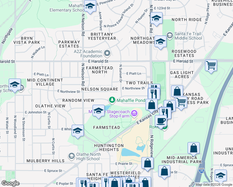 map of restaurants, bars, coffee shops, grocery stores, and more near 921 North Sunset Drive in Olathe
