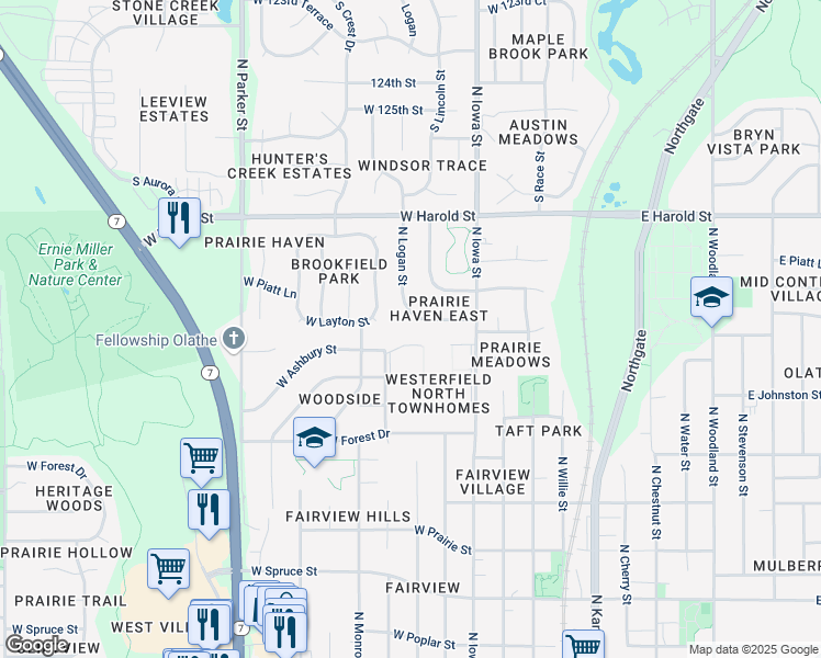 map of restaurants, bars, coffee shops, grocery stores, and more near 1035 North Logan Street in Olathe