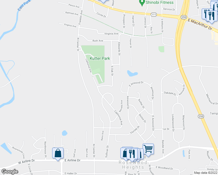 map of restaurants, bars, coffee shops, grocery stores, and more near 339 South Oak Street in Rosewood Heights