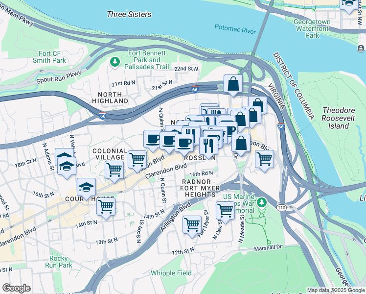 map of restaurants, bars, coffee shops, grocery stores, and more near 1788 North Pierce Street in Arlington