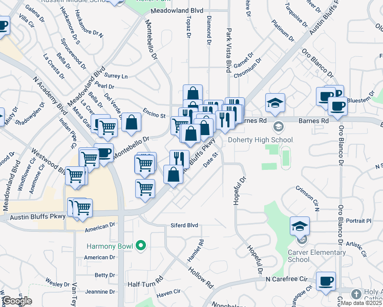 map of restaurants, bars, coffee shops, grocery stores, and more near 4296 Austin Bluffs Parkway in Colorado Springs
