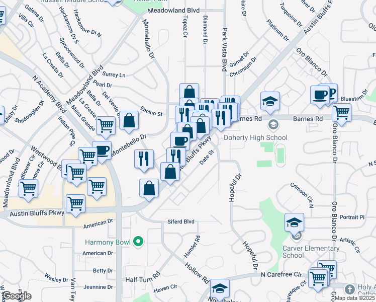 map of restaurants, bars, coffee shops, grocery stores, and more near 4296 Austin Bluffs Parkway in Colorado Springs