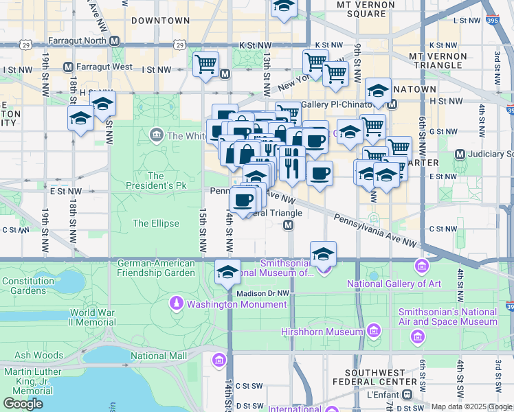 map of restaurants, bars, coffee shops, grocery stores, and more near 1300 Pennsylvania Avenue Northwest in Washington