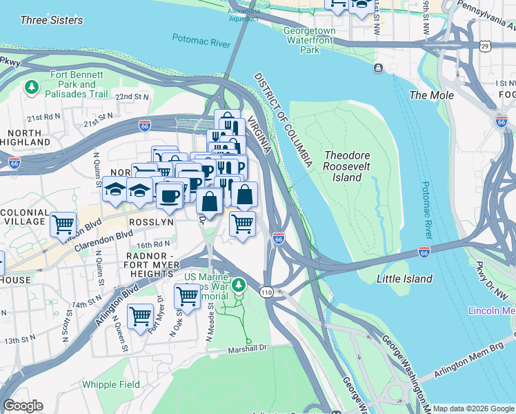 map of restaurants, bars, coffee shops, grocery stores, and more near 1001 Wilson Boulevard in Arlington
