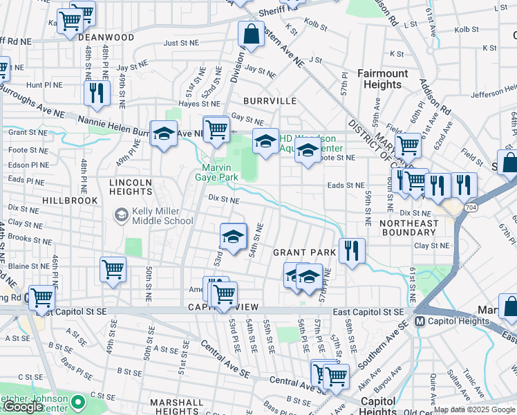 map of restaurants, bars, coffee shops, grocery stores, and more near 5335 Dix Street Northeast in Washington