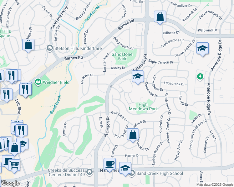 map of restaurants, bars, coffee shops, grocery stores, and more near 6924 Ash Creek Heights in Colorado Springs