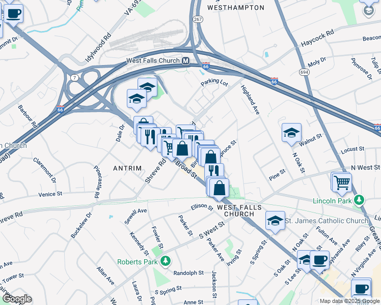 map of restaurants, bars, coffee shops, grocery stores, and more near 1226 Birch Street in Falls Church