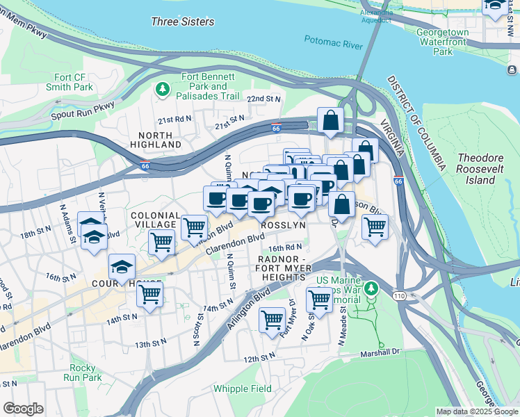 map of restaurants, bars, coffee shops, grocery stores, and more near 1788 North Pierce Street in Arlington