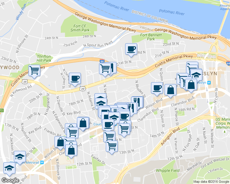 map of restaurants, bars, coffee shops, grocery stores, and more near 18th St N & N Uhle St in Arlington