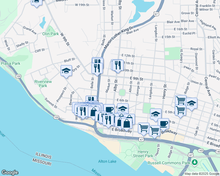map of restaurants, bars, coffee shops, grocery stores, and more near 700 Market Street in Alton