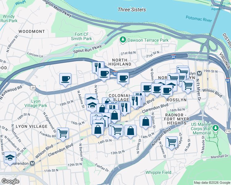 map of restaurants, bars, coffee shops, grocery stores, and more near 1911 Key Boulevard in Arlington