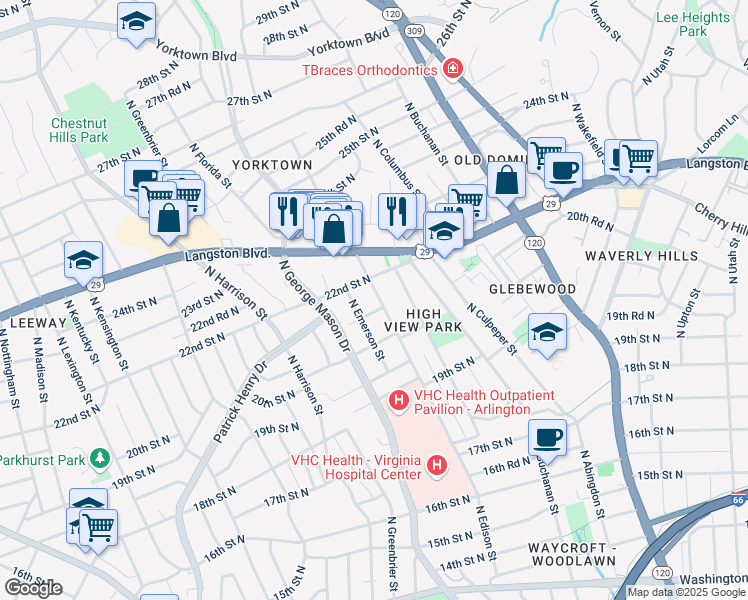 map of restaurants, bars, coffee shops, grocery stores, and more near 2106 North Edison Street in Arlington
