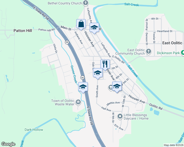 map of restaurants, bars, coffee shops, grocery stores, and more near 713 Oak Street in Oolitic