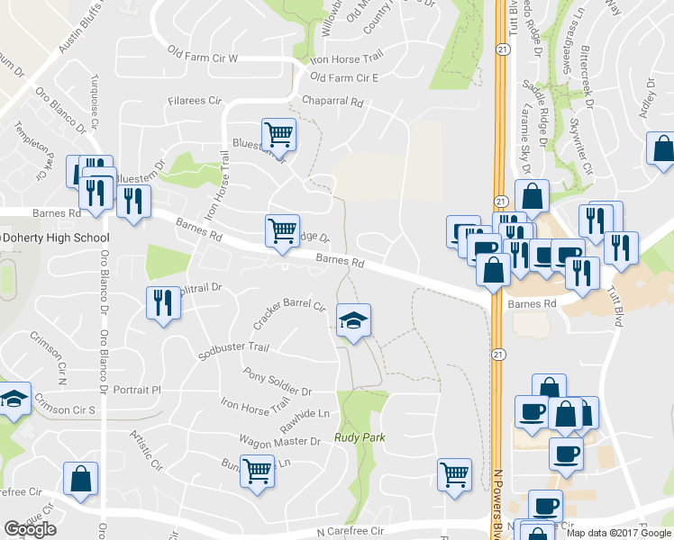map of restaurants, bars, coffee shops, grocery stores, and more near 4361 High Mountain Point in Colorado Springs