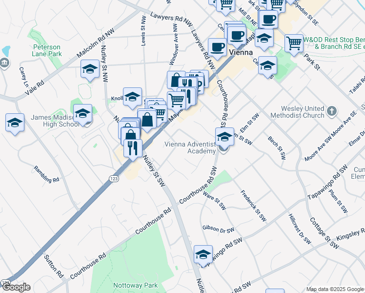 map of restaurants, bars, coffee shops, grocery stores, and more near 134 Wade Hampton Drive Southwest in Vienna