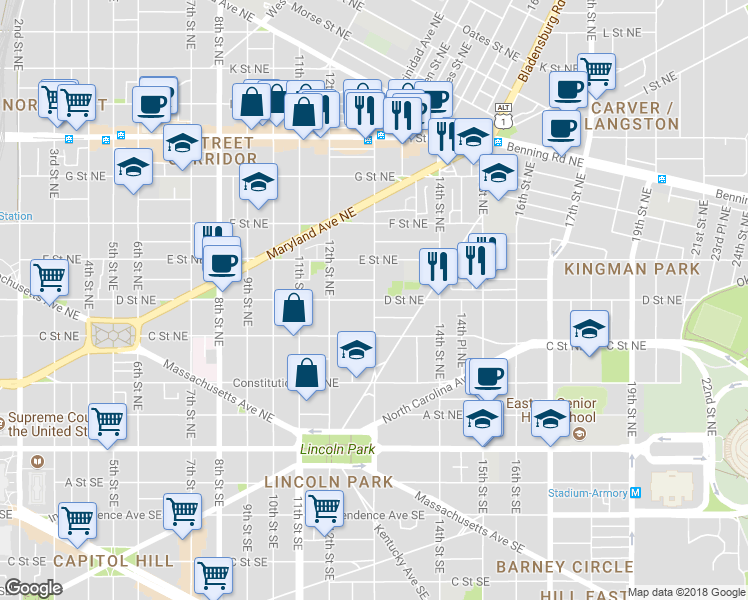 map of restaurants, bars, coffee shops, grocery stores, and more near D Street Northeast & 13th Street Northeast in Washington