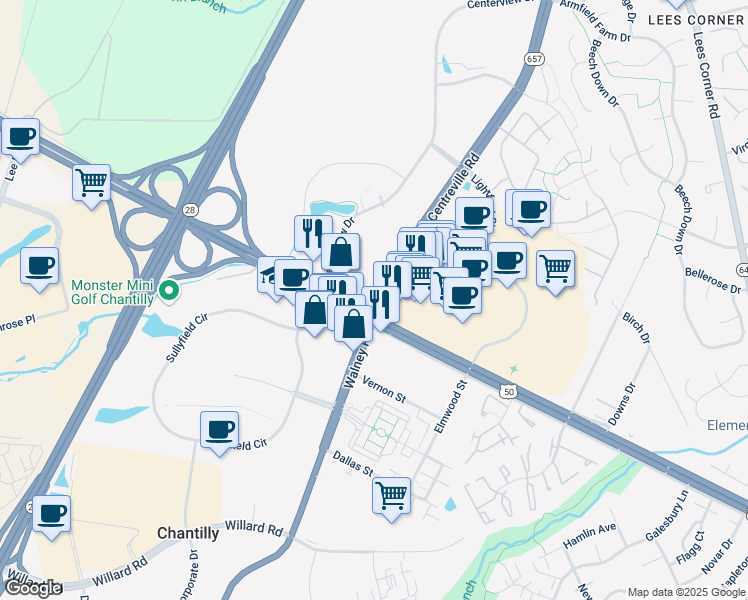 map of restaurants, bars, coffee shops, grocery stores, and more near 14016 Sullyfield Circle in Chantilly