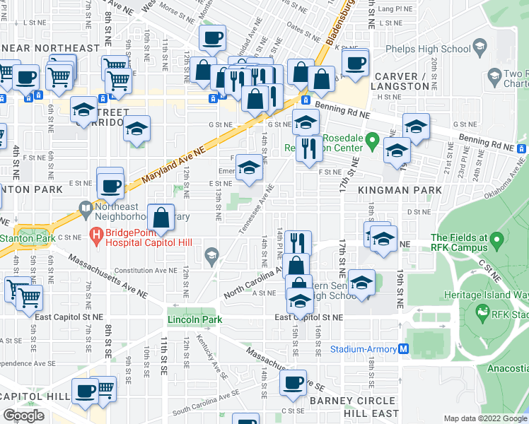 map of restaurants, bars, coffee shops, grocery stores, and more near D Street Northeast & 14th Street Northeast in Washington
