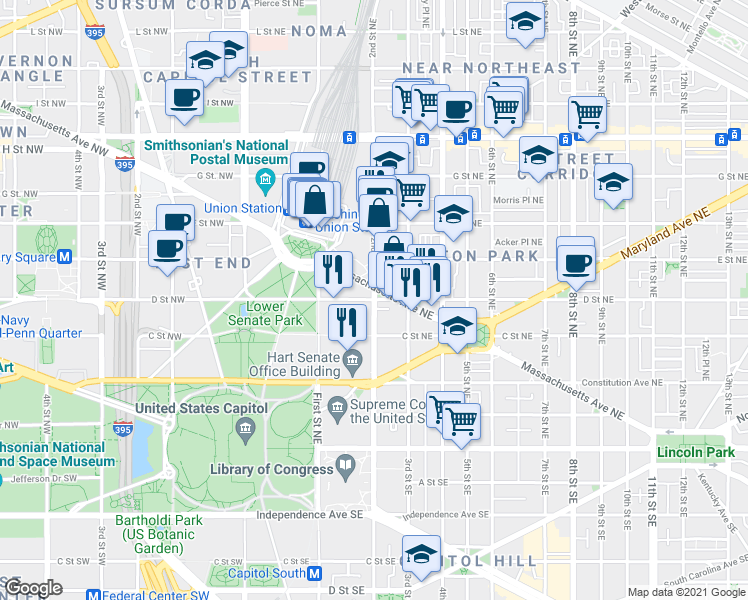 map of restaurants, bars, coffee shops, grocery stores, and more near D St NE & 2nd St NE in Washington