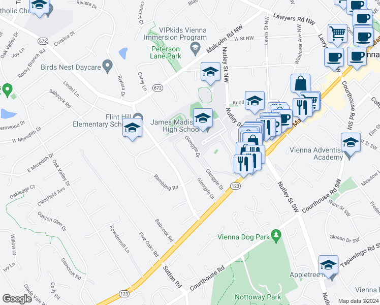 map of restaurants, bars, coffee shops, grocery stores, and more near 2502 Glengyle Drive in Vienna