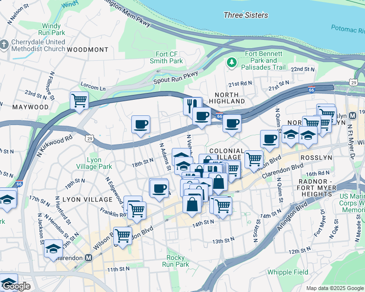 map of restaurants, bars, coffee shops, grocery stores, and more near 1807 North Wayne Street in Arlington