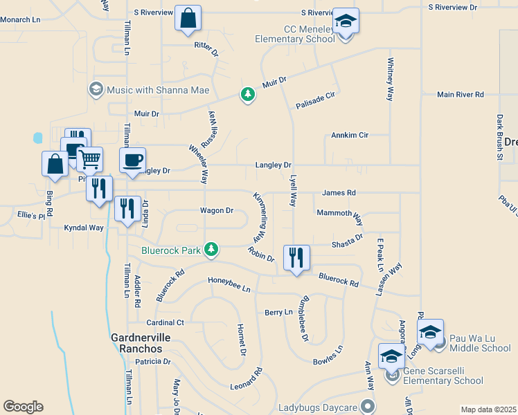 map of restaurants, bars, coffee shops, grocery stores, and more near 1373 Kimmerling Road in Gardnerville