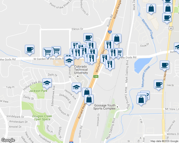 map of restaurants, bars, coffee shops, grocery stores, and more near 503 Garden of the Gods Road West in Colorado Springs