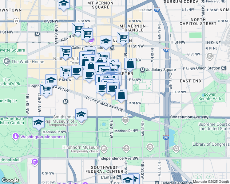 map of restaurants, bars, coffee shops, grocery stores, and more near 101 Independence Avenue Southeast in Washington