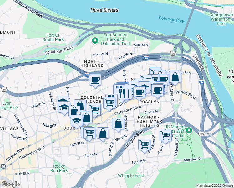 map of restaurants, bars, coffee shops, grocery stores, and more near 101 Independence Avenue Southeast in Washington