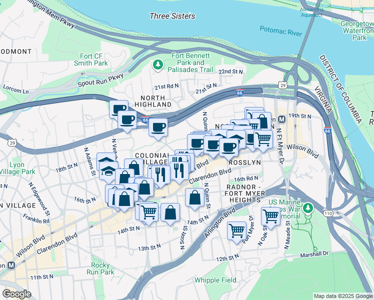 map of restaurants, bars, coffee shops, grocery stores, and more near 101 Independence Avenue Southeast in Washington