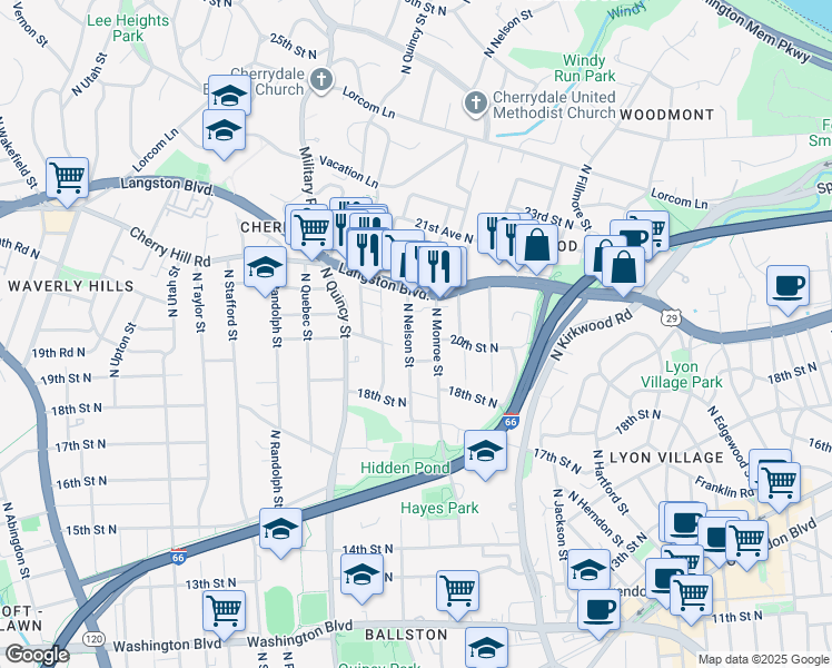 map of restaurants, bars, coffee shops, grocery stores, and more near 1917 North Nelson Street in Arlington