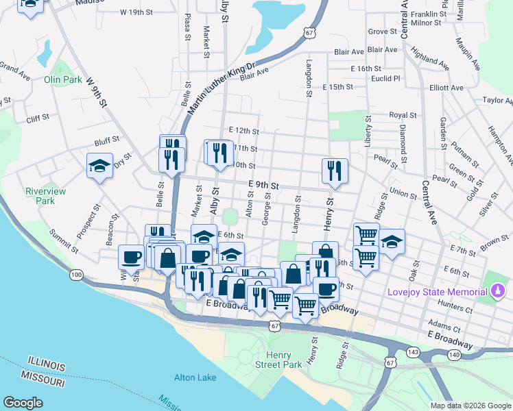 map of restaurants, bars, coffee shops, grocery stores, and more near 229 East 8th Street in Alton