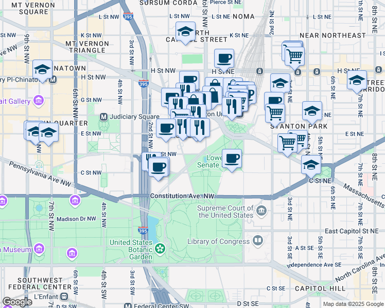 map of restaurants, bars, coffee shops, grocery stores, and more near 17 D Street Northwest in Washington