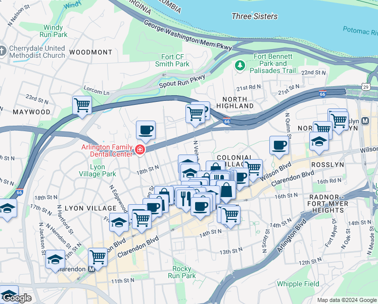 map of restaurants, bars, coffee shops, grocery stores, and more near 1807 North Wayne Street in Arlington
