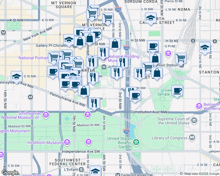 map of restaurants, bars, coffee shops, grocery stores, and more near Indiana Avenue Northwest in Washington