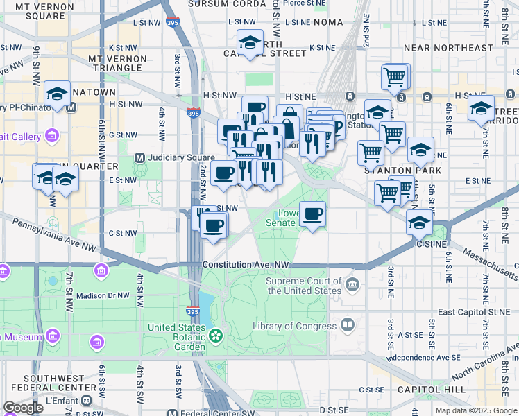 map of restaurants, bars, coffee shops, grocery stores, and more near 17 D Street Northwest in Washington