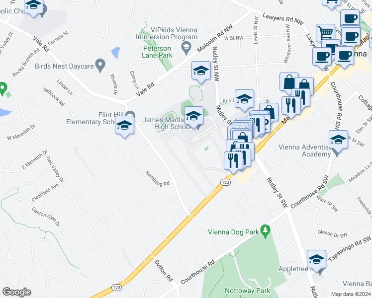 map of restaurants, bars, coffee shops, grocery stores, and more near 2488 Glengyle Drive in Vienna