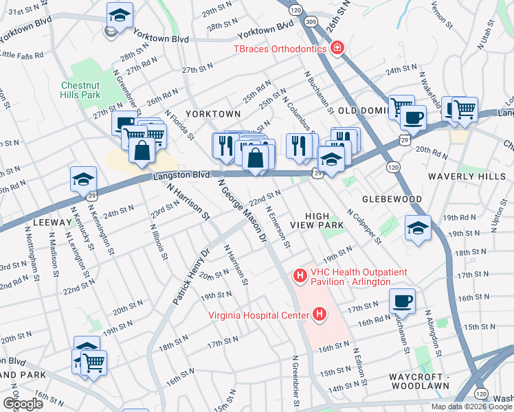 map of restaurants, bars, coffee shops, grocery stores, and more near 5136 22nd Street North in Arlington